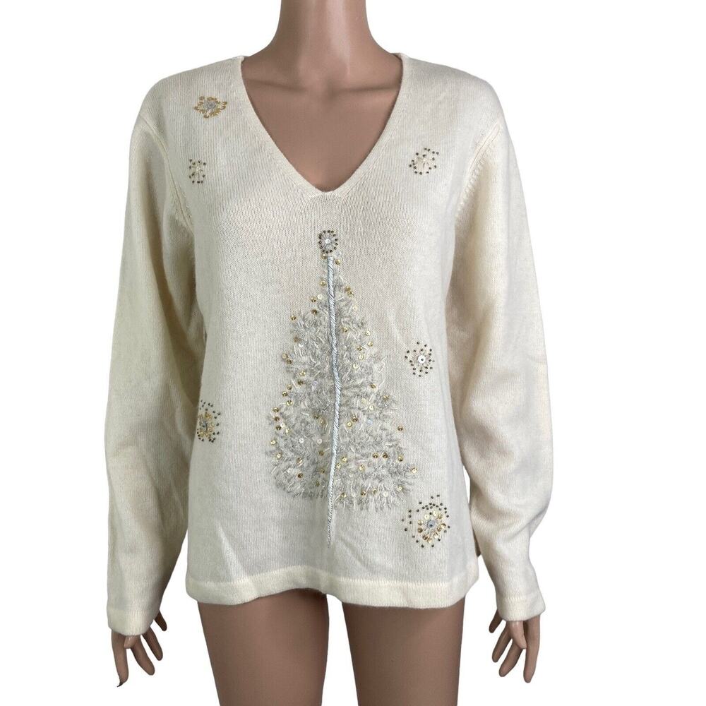 Orvis Sweater Womens Large Lambswool Christmas Tree White Sequins
